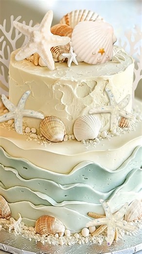 Elegant, minimal, and perfect for beach & ocean themed parties. 🐚🤍#oceancake #whiteoceancake #seashellcaketopper #beachcake #caketopper #mermaidcake #undertheseacake #cakedecorating #elegantcake #oceanparty