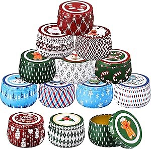 Yungyan Christmas Candle Tin Cans Set Metal Candles Tin Gifts Jars with Lids 8 oz Christmas Cookie Tins Candle Containers for Storing Biscuits Tea Party Favors(12 Pcs)