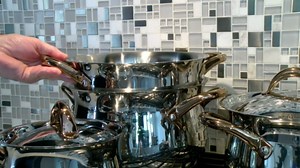 BergHOFF 11 Piece Ouro Cookware Set with Gold Handles and Glass Lids, Silver/Rose