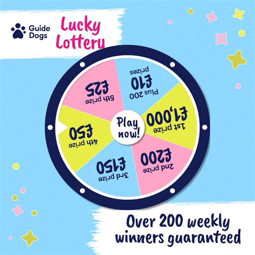 Fancy £10k in your back pocket? Enter the Lucky Lottery now for the chance to win BIG in our June Superdraw! Play for just £1 a week and you could be one of 200 weekly winners 😍 Good luck! 🍀 18 , GB only. T&Cs apply [VD: An advert for the Guide Dogs Lucky Lottery, featuring a moving gif of a prize wheel with all of the cash prizes up for grabs every week. It contains text that reads “200 winners every week PLUS a chance to win£10k!".] | Guide Dogs UK
