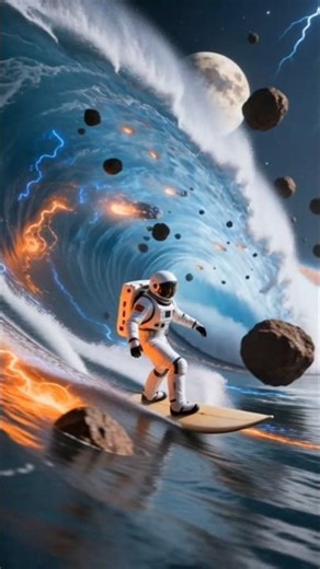 "Space explorer in white EVA suit surfing a gigantic tsunami wave on an alien ocean planet, the
