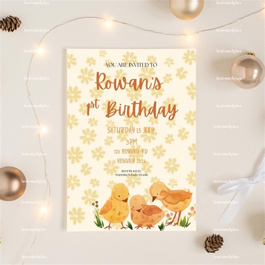 Yellow Floral Chicks First Birthday Invitation – Spring Birthday Printable (digital Download) - Etsy