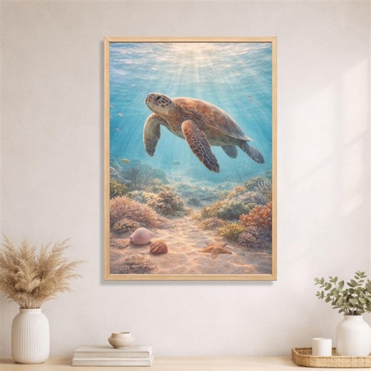 Sea Turtle Wall Art Digital Download, Underwater Scene, Ocean Vibe Decor, Coral Reef Artwork