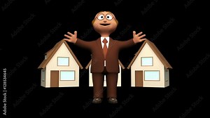 Cute 3d estate agent character with houses