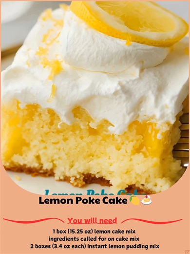 Lemon 🌴 Poke Cake 🍋 🍰 This moist and tangy lemon cake is perfectly complemented by a creamy lemon pudding filling and topped with fluffy whipped cream. It’s a refreshing dessert that’s easy to make and sure to impress. Ingredients: 1 box (15.25 oz) lemon cake mix ingredients called for on cake mix 2 boxes (3.4 oz each) instant lemon pudding mix 2 cups half and half Whipped Cream Topping & Garnish: 2 cups heavy whipping cream 1/2 cup powdered sugar 1 teaspoon vanilla extract ..... Full Recipe 