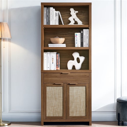 OAKHAM 5 Shelf Bookcase with Doors, 73"Tall Rattan Bookshelf with Cabinet and Drawer, Special Walnut