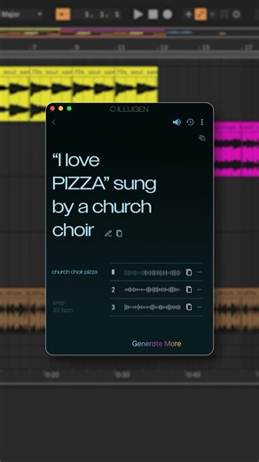 Hey ILLUGEN! Please Generate:​ “I love PIZZA” sung by a church choir".​ ⚠ Music producers - create one-shots & loops from your wild imagination with ILLUGEN, the new text-to-sound engine. | Waves Audio