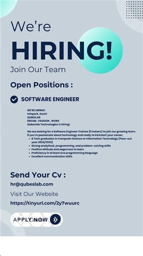 Hiring Freshers! 📌Software Engineer Trainee Job at Qubeslab Technologies | Infopark Kochi |