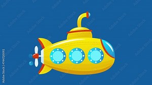 Yellow cartoon submarine with periscope and propeller on blue background. Air bubbles come out. Pre-rendered with alpha channel with 4K resolution, looping. Vector graphic.