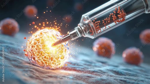 Microneedle injecting substance into a cell in a laboratory setting with multiple cells in the background during a science experiment