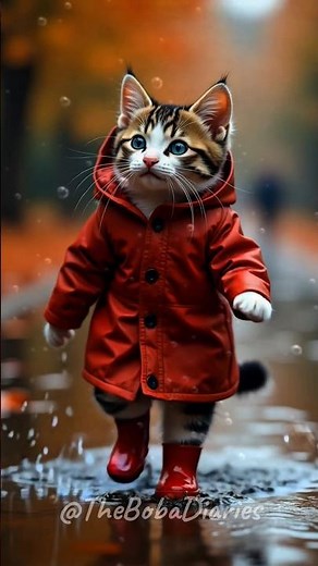 Tiny Cat Walks Calmly in the Rain | Peaceful Puddle Walks and Raindrop Splashes