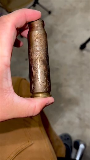 @tonystrenchart on Instagram: "20mm shell I carved for fun. Tricky on uneven surfaces. Turned out alright added some chemical blueing to darken it up. You guys want to see more of this? Thanks for looking. Song: El Paso by Marty Robbins #TTA"