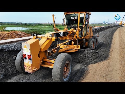 Grader Making New Roads By CAT Grader Spreading Gravel Operation Skills Grading Activities