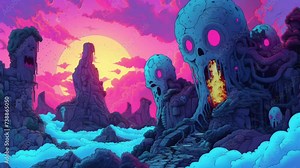 abstract background, Chill lofi relaxing animation video loop, sunset nature, spooky, horror, fantasy, sci fi campfire loop