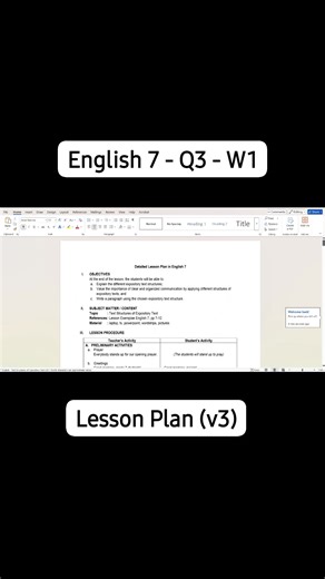 English 7 - Text Structures of Expository Text | Quarter 3 - Week 1 - Lesson Plan English 7 - Quarter 3 - Week 1 𝙏𝙤𝙥𝙞𝙘: Text Structures of Expository Text (v3) 𝙇𝙚𝙖𝙧𝙣𝙞𝙣𝙜 𝘾𝙤𝙢𝙥𝙚𝙩𝙚𝙣𝙘𝙮: Examine text structures of non-journalistic (expository) texts for clarity of meaning and purpose. EN7INF-III-1 𝙒𝙝𝙖𝙩'𝙨 𝙄𝙣𝙨𝙞𝙙𝙚: ■ Detailed Lesson Plan (Traditional) 𝙂𝙚𝙩 𝙩𝙝𝙚 𝙚𝙙𝙞𝙩𝙖𝙗𝙡𝙚 𝙘𝙤𝙥𝙮 𝙝𝙚𝙧𝙚: ■ KO-FI: https://ko-fi.com/s/24539c7fec | It's me Carmyy