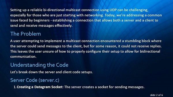 Bidirectional Multicast Connection using UDP: Troubleshooting Guide