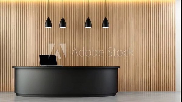 Modern minimalist reception desk in corporate lobby with wood slat wall and green plant