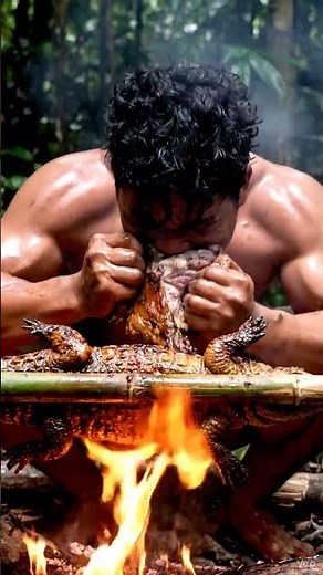 rests on a crackling bamboo spit over an active fire.