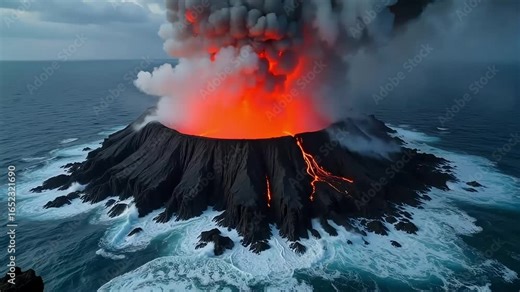 Dynamic volcano erupts powerfully in ocean, spewing lava and smoke in a stunning natural display