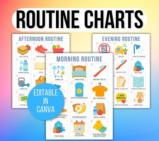 ADHD/ Neurodivergent Daily Visual Schedule, Editable Routine Charts, Family Routine Cards, Morning Evening Routine, Routine Chart for Adults - Etsy
