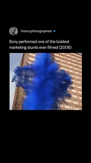 In its 2006 "Paint" commercial for Bravia TVs, Sony used over 70,000 liters of environmentally friendly paint and 1,700 detonators to blast color across a housing estate in Glasgow. This real-world event was captured without CGI using 65 high-speed cameras to embody the "Color like no other" tagline. Credit: Sony | History In Pictures