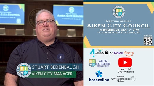 City Council Meeting – TODAY!!! Monday, November 24, 2025 Municipal Building, 3rd Floor 111 Chesterfield Street South Aiken, South Carolina Regular Council Meeting begins at 7:00 p.m. in Council Chambers AGENDA: https://loom.ly/my7vSYo Please review the posted agenda in advance. A link is included that explains the Consent Agenda process and provides access to the public consent agenda item removal form Consent Agenda Process: https://loom.ly/uycqfgA Consent Agenda Removal Request Form: https://