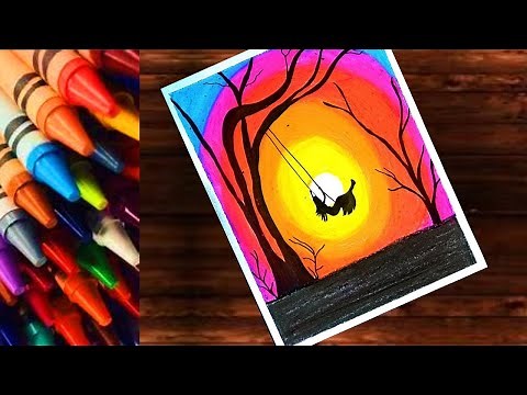 Wax colour Drawing tutorial for beginners l Wax Crayons painting | Step by step Beautiful Scenery