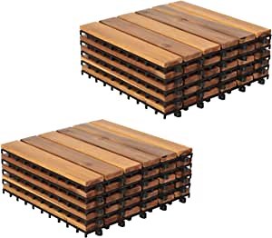 Patiorama Wood Interlocking Flooring Tiles, Straight Pattern Patio Deck Tiles, 12 x 12 Inch (Pack of 27), Solid Wood Acacia Deck Tiles for Garden Indoor Outdoor (Natural Color, 6 Slats)