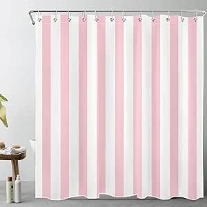 LB Pink and White Striped Fabric Shower Curtain for Bathroom with 12 Hooks, Vertical Stripe Geometric Shower Curtains for Bathroom, Modern Farmhouse Chic Style Bathroom Shower Curtains, 72x72 Inch