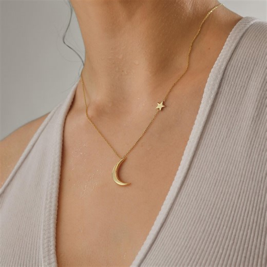 Dainty Gold Moon and Star Necklace: Celestial Pendant Jewelry, Minimalist Moon Star Charm, Meaningful Gift for Her - Etsy