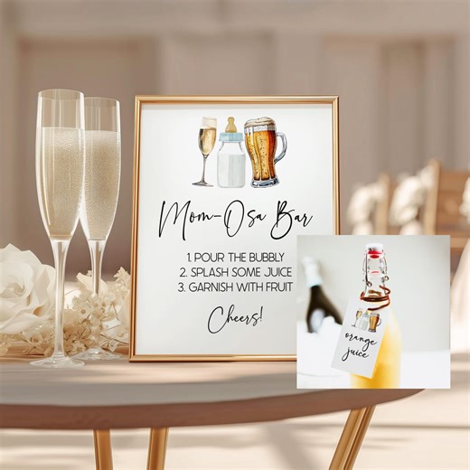 Mom-osa Bar Sign and Juice Tag Label, Mimosa Bar Sign for Baby Shower | Blue Bubbles Brews and Diapers Too! Beer Baby Bottle C34 - Etsy