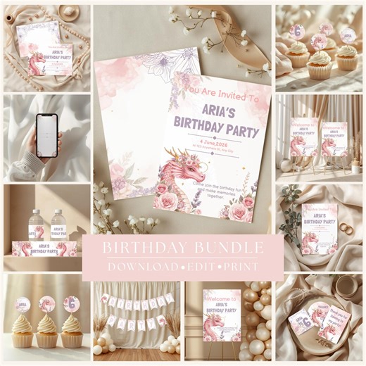 Dragon Birthday Invitation Template Bundle, Fantasy Birthday Canva Kit, Princess Dragon Party, Editable Digital Invite - Etsy