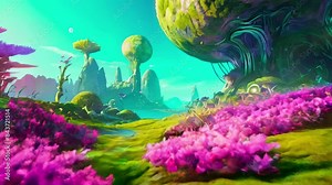 Vibrant alien landscape with giant futuristic trees and colorful flowers. Fantasy world. Concept of extraterrestrial nature, sci-fi scenery, lush vegetation and colorful ecosystem