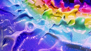 Smooth abstract animation of liquid gradient rainbow color in 4k. Bright glossy paint surface as abstract looped festive background. Glitters on viscous liquid with 3d splashes on surface like drops.