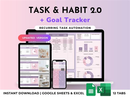 Habit & Task Tracker Goal Tracker To-do Daily Weekly Hourly Schedule Spreadsheet Time Block Assignment Student Planner Google Sheets Excel - Etsy