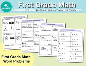 1st Grade Math Worksheets: Addition, Subtraction, Word Problems (PDF) - Etsy