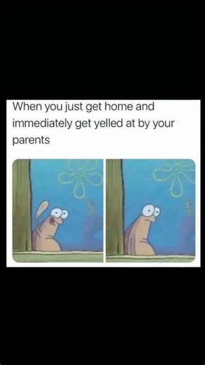 Johnny Bravo Explains Memes on Instagram: "Hey everyone, Johnny here to explain. This meme uses a familiar cartoon reaction to capture the relatable feeling of getting home and immediately being scolded by your parents for something, often before you even get a chance to relax. The text sets up the situation, while the two-panel image shows a character who starts off animated and expressive, as if excited or ready to speak, and then instantly becomes quiet, stiff, and defeated in the next panel.