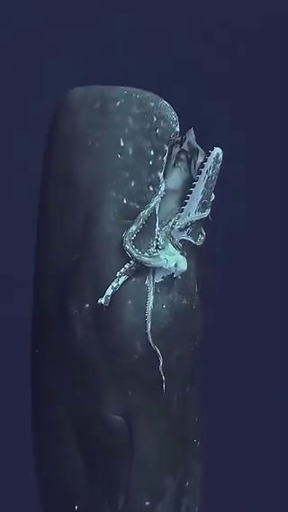 SHOCKING🚨: Sperm Whale fighting a giant squid in its mouth!