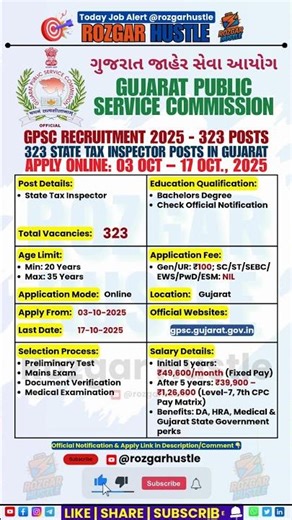 GPSC State Tax Inspector Recruitment 2025 | 323 Posts | Apply Online #shorts #job #gpsc #govtjobs