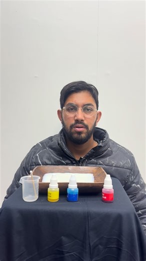 Watch the colours dance in milk! 🎨🥛 Milk is a colloidal solution made of water, fat and proteins. Soap has two ends – lipophilic (fat-loving) and hydrophilic (water-loving). When soap touches milk, it grabs the fat and starts moving fast ⚡ This movement pushes the colours around, creating this beautiful dance! Milk Experiment Colloidal Solution Soap and Milk Experiment Surface Tension Science for Kids #MilkExperiment #ScienceExperiment #ColloidalSolution #SoapAndMilk #SurfaceTension #ScienceFo