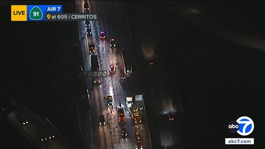 Overturned semi forces closure of most westbound lanes of 91 Freeway in Cerritos