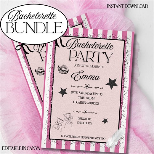 Bachelorette Party Invitation Template Editable Canva | Black Pink Bridal Party Invite | Girls Night Bundle