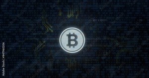 Bitcoin symbol with binary code and financial chart animation