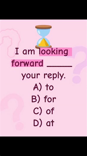 ✨ English Planet ✨ on Instagram: "🌟 Daily English Practice – “Look forward to” 🌟 Question: I am looking forward _____ your reply. A) to B) for C) of D) at ✅ Correct Answer: A) to 💡 Explanation: The phrase “look forward to” is always followed by a noun or a gerund (verb + ing) — never by an infinitive. 📝 Correct sentence: I am looking forward to your reply. 👉 (Meaning: I am eagerly waiting for your reply.) 🎯 Example: She is looking forward to meeting you. #englishplanet #dailyenglish #engli