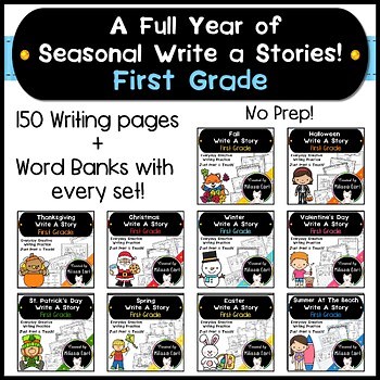 First Grade 150 Writing Pages   20 Word Banks *A Full Year of Writing Practice!*