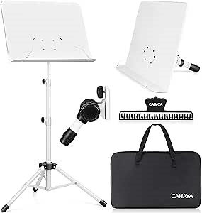 CAHAYA Sheet Music Stand & Tabletop Music Stand Solid Back with Carrying Bag for Books Notes Laptop Tablet White CY0194