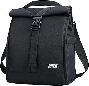 MIER Insulated Lunch Bag Roll Top Lunchbox for Women Men Adults Foldable Rolltop Lunch Tote with Shoulder Strap for Work Office Picnic, Water Bottle Holder, Black