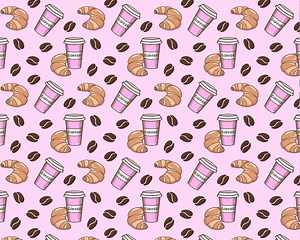 Pink Girly Cafe Seamless Pattern PNG | Coffee Cups and Croissants for Scrapbooking, Fabric Printing - Etsy