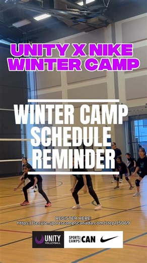 Unity Volleyball on Instagram: "🏐 Winter camp is locked in! Unity x Nike is bringing high-energy training, elite coaching, and serious skill-building this winter. Don’t miss your spot — check the schedule and get ready to level up. 👉 Save your dates. Show up ready. Let’s work. 🏐 Camp Program Options 👉 5-Day Camp — Dec 22, 23, 29, 30 & Jan 2 Register: https://secure.sportscampscanada.com/step1/5063 👉 3-Day Camp — Dec 29, 30 & Jan 2 Register: https://secure.sportscampscanada.com/step1/5069 👉