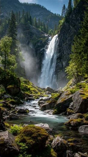 A majestic mountain waterfall endlessly cascading down rugged rocky cliffs, #nuture #foryou